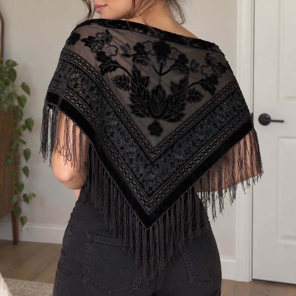Vintage Black Velvet Burnout Silk Triangle Shawl Scarf Beaded Fringe One Size